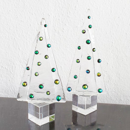 425. Træer, 3 stk, 7-8,5 cm høje, transparent glas med guld og grønne kugler